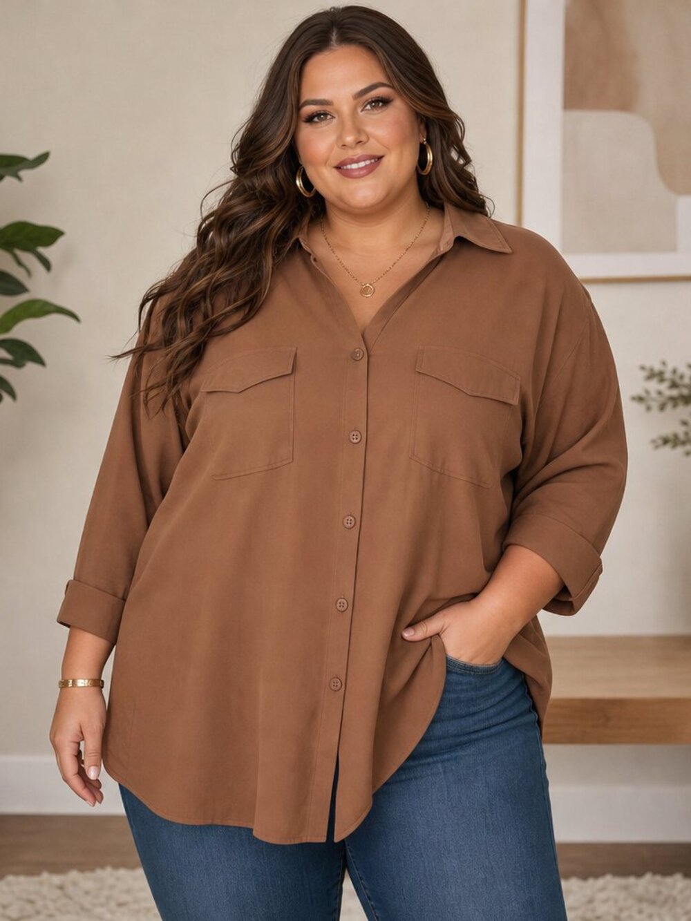 Maggie Barnes Caramel Brown Collared Button Shirt